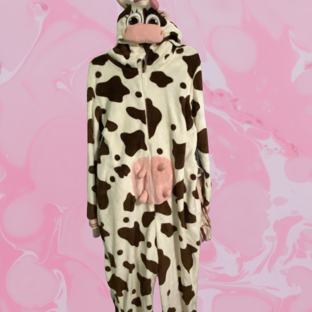 Cow Print Hooded Onesie with Pink Accents